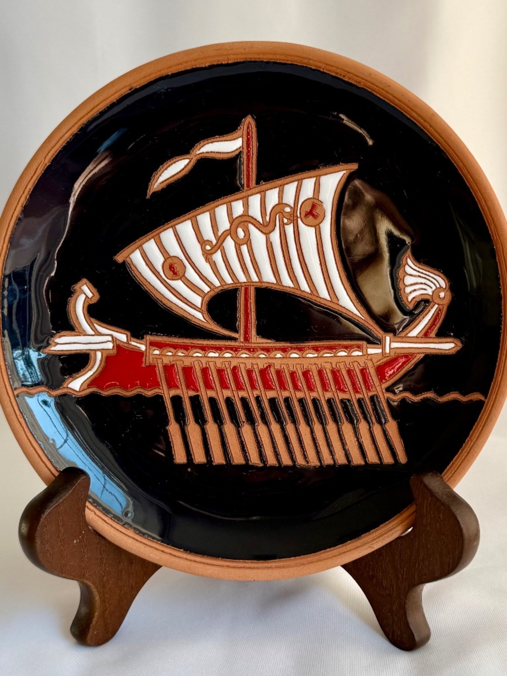Bonis Pottery Greece Handmade 7" Terracotta Trireme Plate Decorative Wall Art